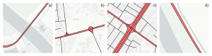 a) Bridge, Amsterdam; b) Roundabout, Abidjan; c) Intersection, Kabul; d) Motorway, Vienna. Polygons classified as face artifacts are shown in red, and the OSM street network (without service roads) is shown in black. Face artifacts are polygons enclosed by street network geometries (in the case of OSM, lane centerlines) that do not represent morphological urban blocks, but instead are a result of detailed transportation-focused mapping of the streetscape. Map data (c) OpenStreetMap contributors (c) CARTO
