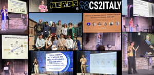 Collage photo showing members of NERDS delivering presentations at the CS2Italy conference. A central picture shows a group photo